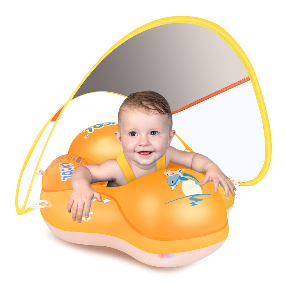 LAYCOL baby pool float with orange canopy offering shade during sun time