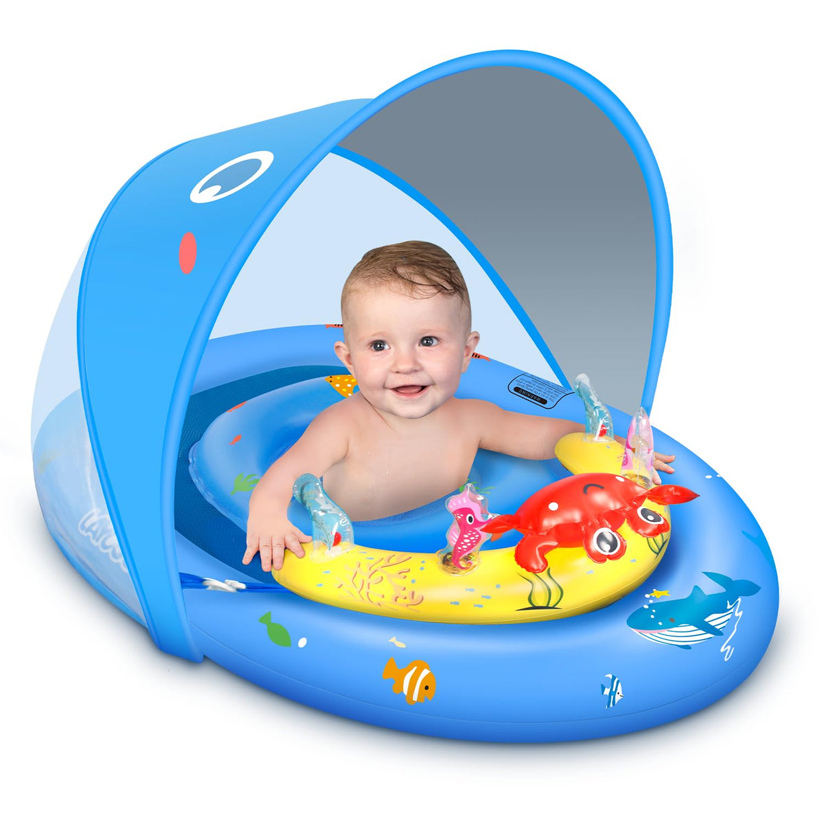 LAYCOL Baby Pool Float canopy setup showing four-position sun protection