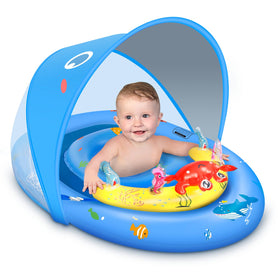 LAYCOL Baby Pool Float canopy setup showing four-position sun protection