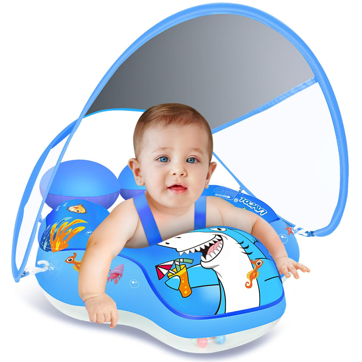 LAYCOL baby pool float with canopy shading keeps baby cool and protected from sun.