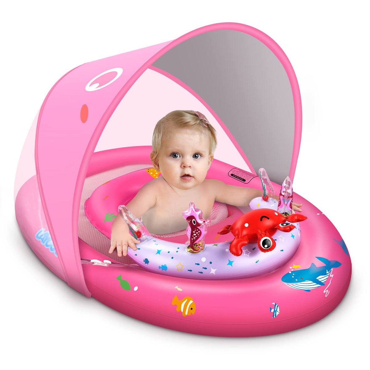 LAYCOL baby pool float with canopy provides shade and sun protection.