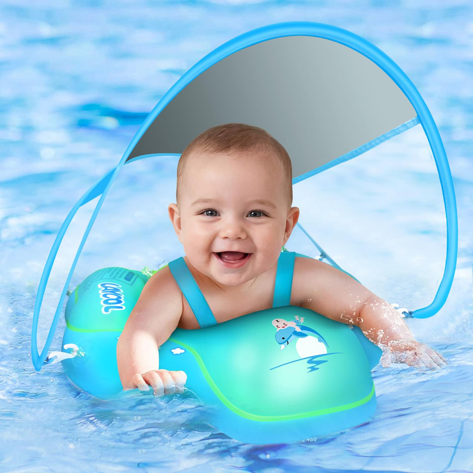 LAYCOL baby float with canopy provides shade and sun protection for pool time