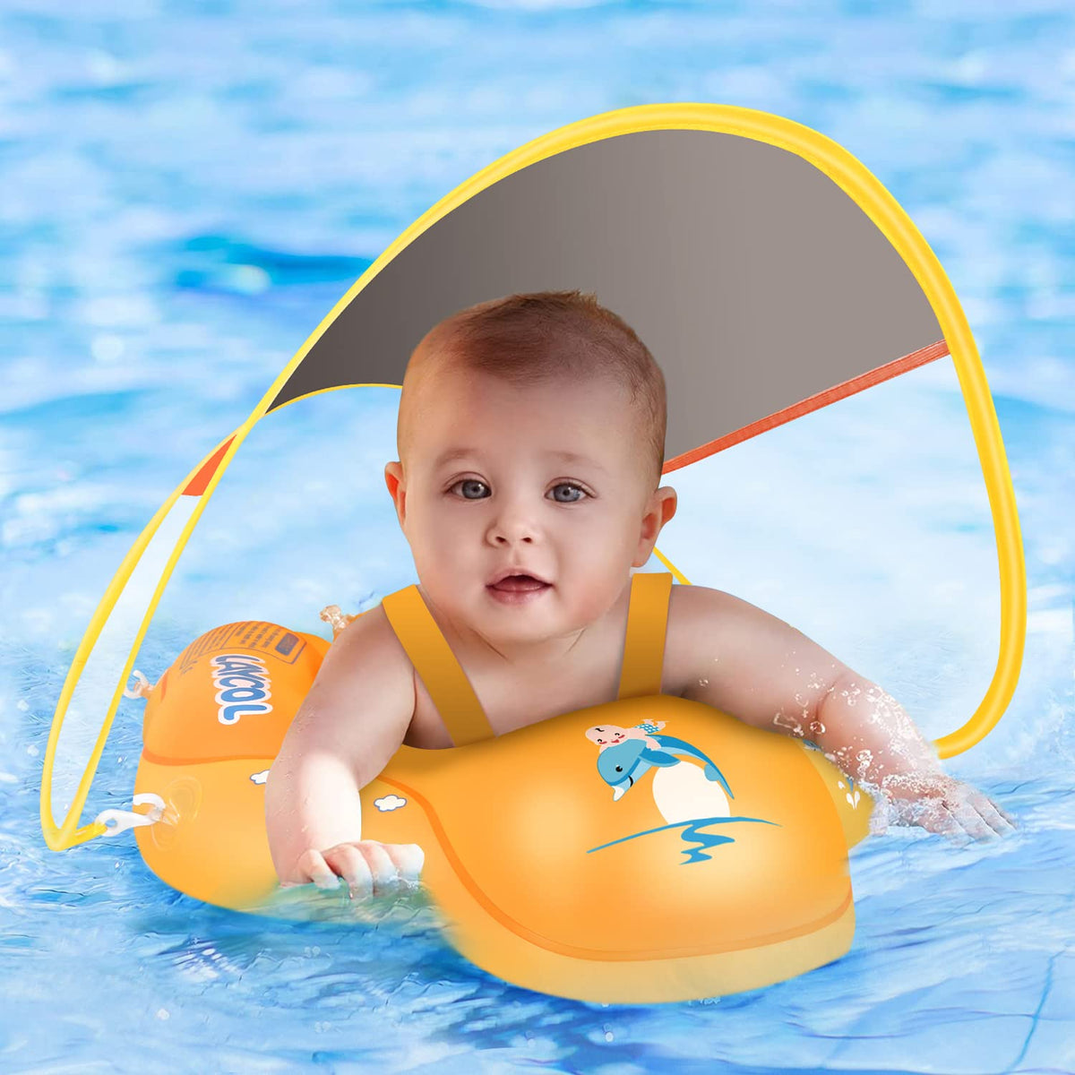 LAYCOL baby float with canopy shading keeps child cool and protected during pool time.