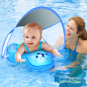LAYCOL baby float with canopy offering sun protection and shade.