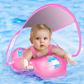 LAYCOL baby float with UPF50+ canopy provides sun protection during pool time.