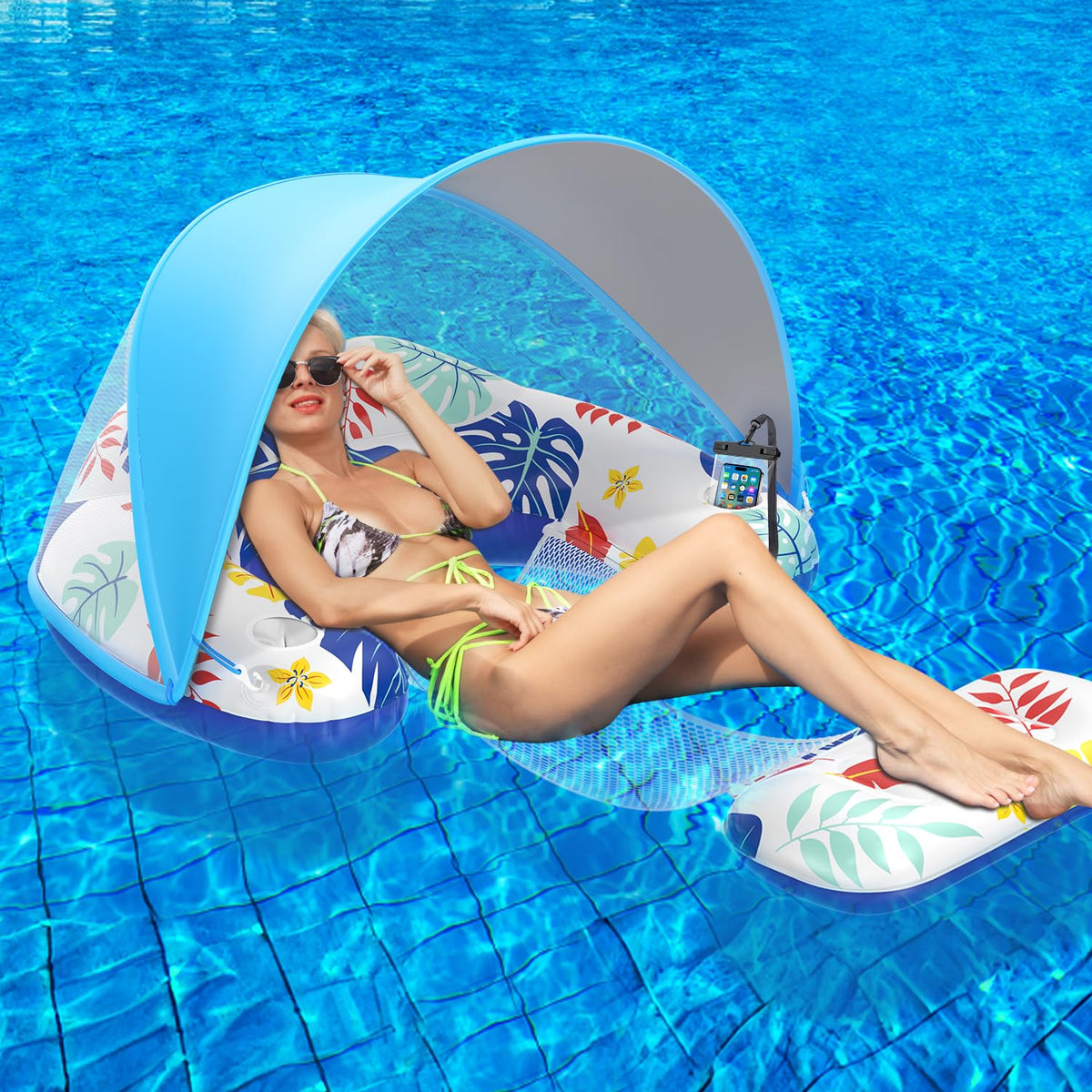 LAYCOL pool float with adjustable canopy provides shade and comfort on sunny days.