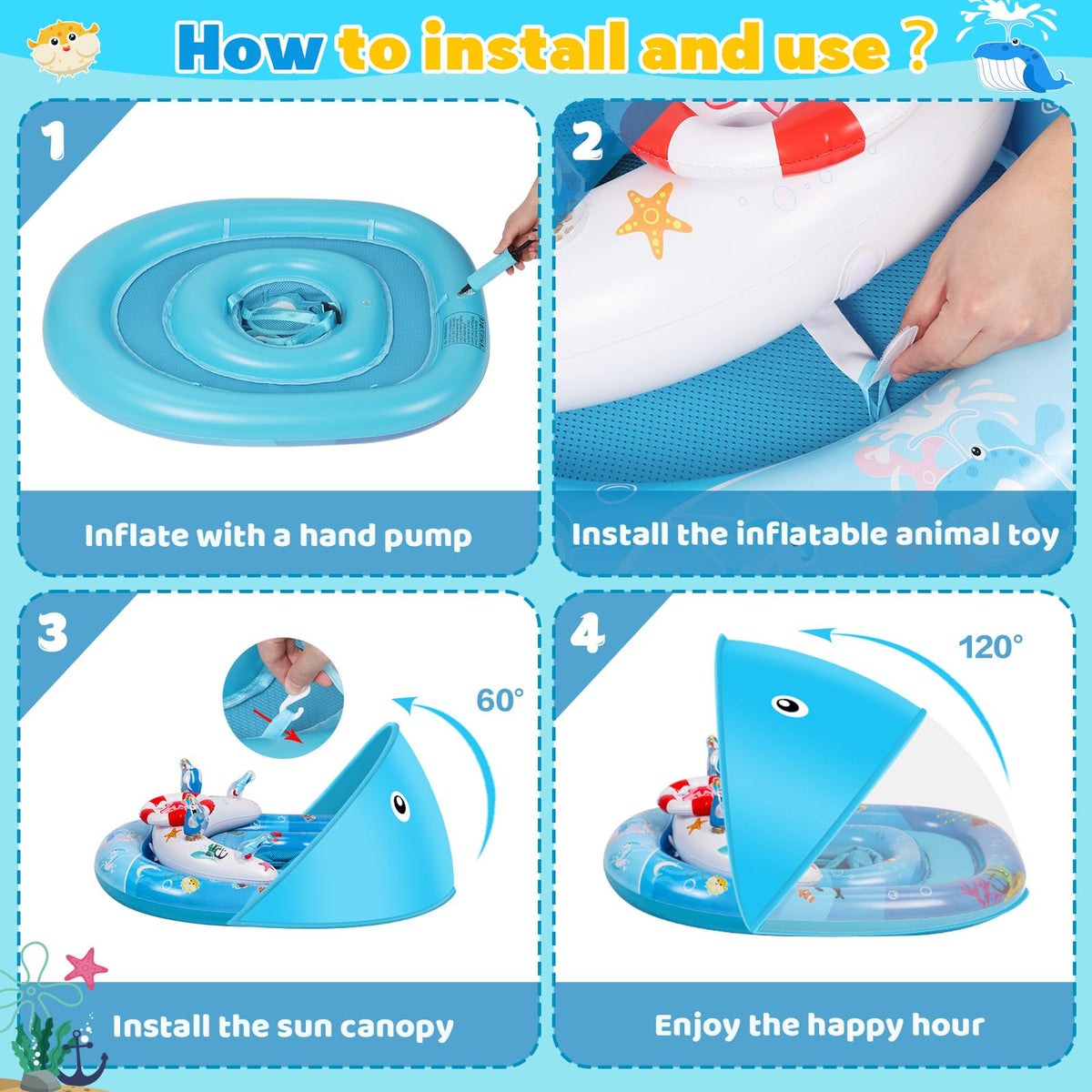 LAYVIC baby float inflates quickly with included pump for easy setup.