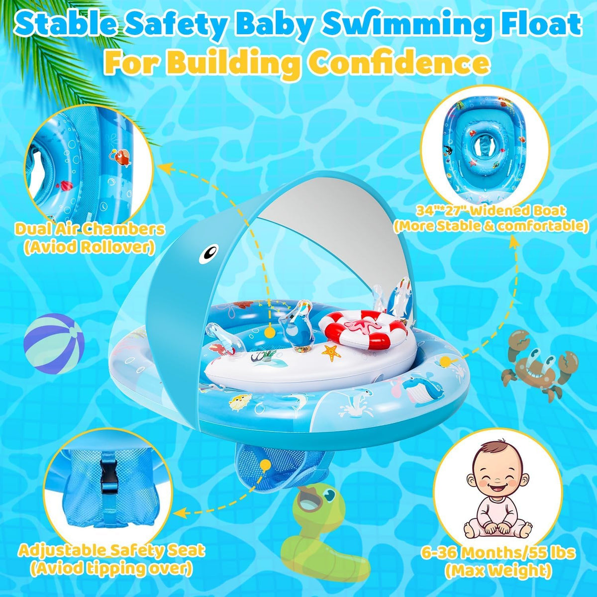LAYVIC baby float outer ring adds stability to prevent tipping.