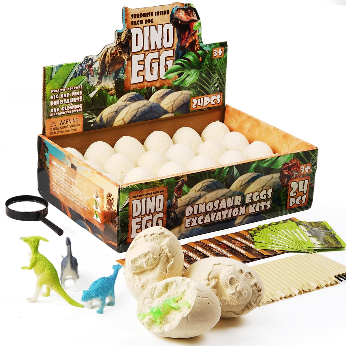 LAZUBDSLQ Dinosaur Eggs Dig Kit: unboxing scene shows 24 eggs ready for discovery.