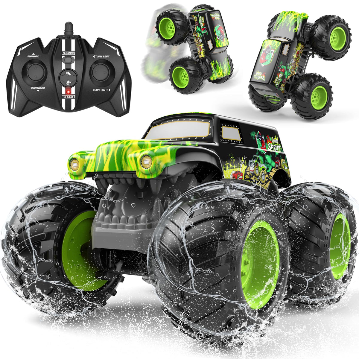 LAZZAROU Amphibious RC Monster Truck front view for outdoor play and bold looks.
