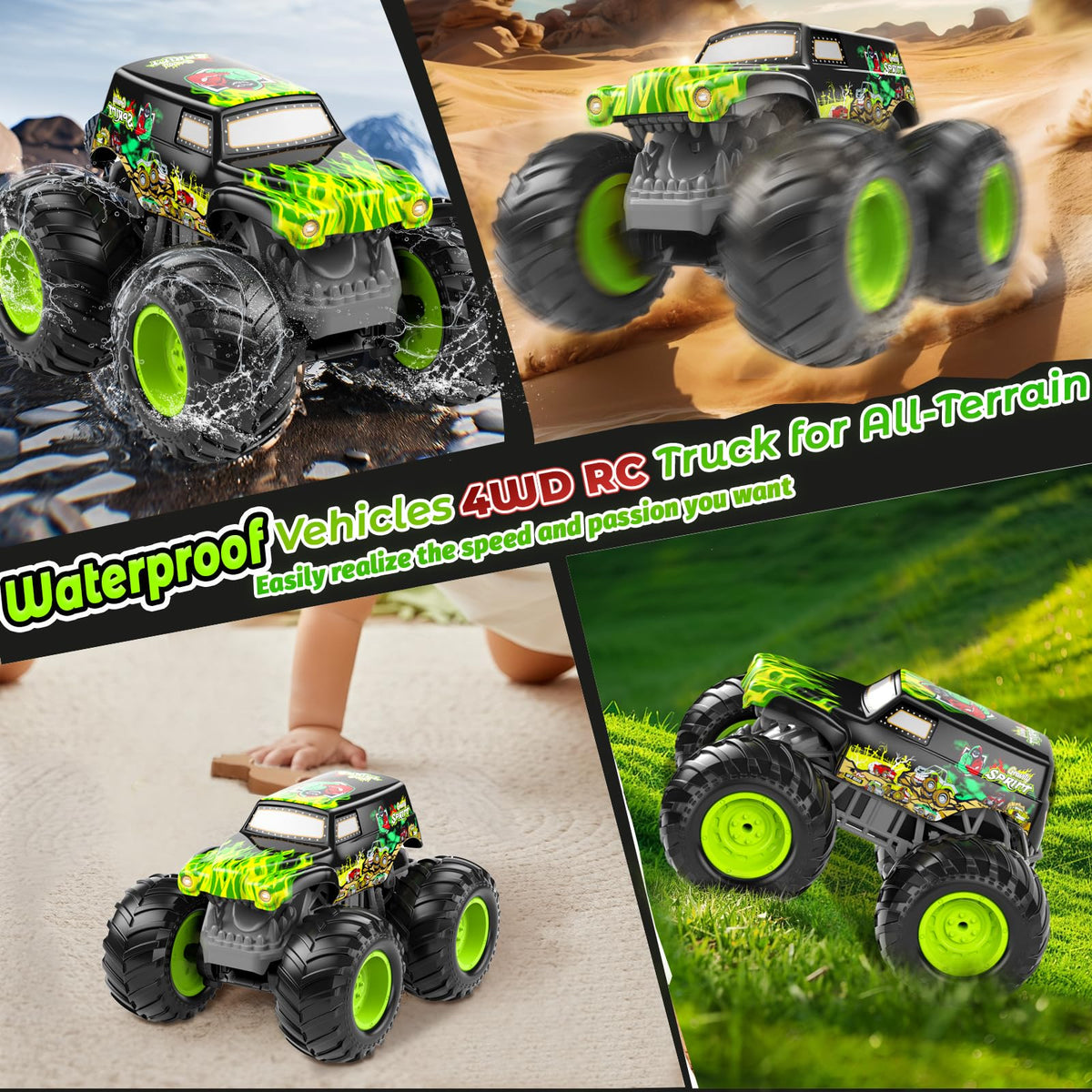 LAZZAROU Amphibious RC Monster Truck with oversized tires on rugged terrain for off-road exploration.