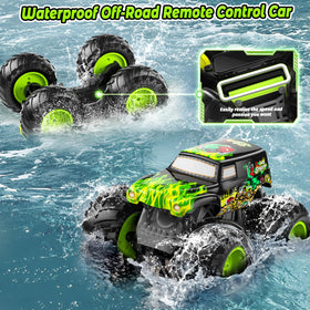 LAZZAROU Amphibious RC Monster Truck conquering water and land for versatile play.
