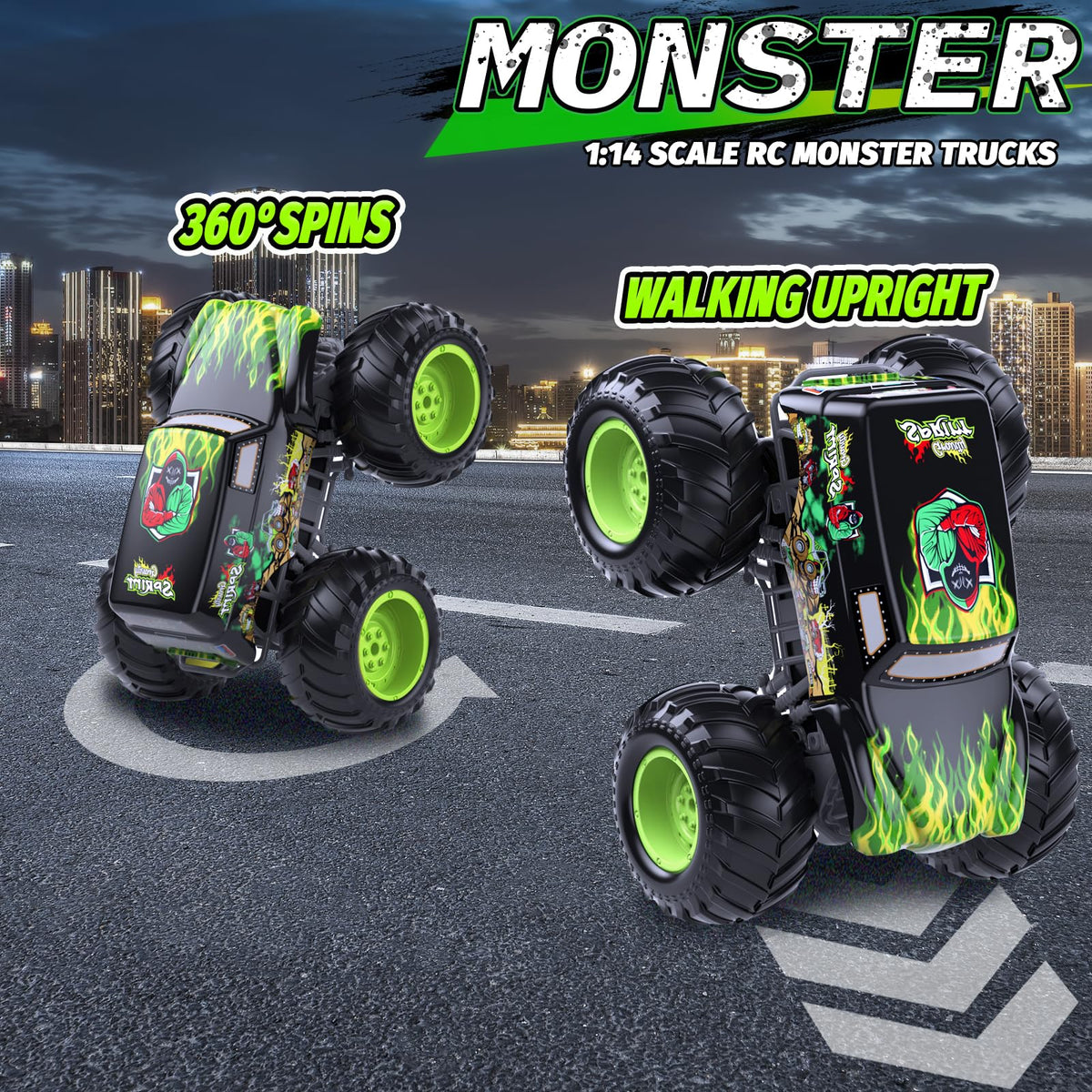 LAZZAROU Amphibious RC Monster Truck performing wheelies for stunt fun.