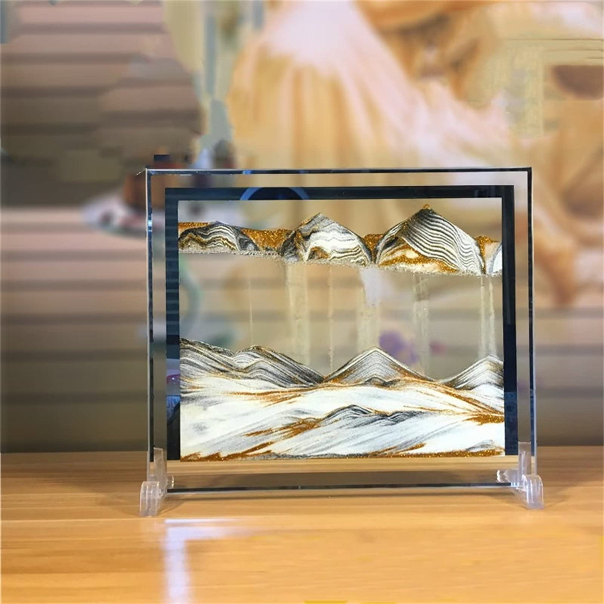 LCDOCLAK moving sand art picture in glass for calming desk focus.