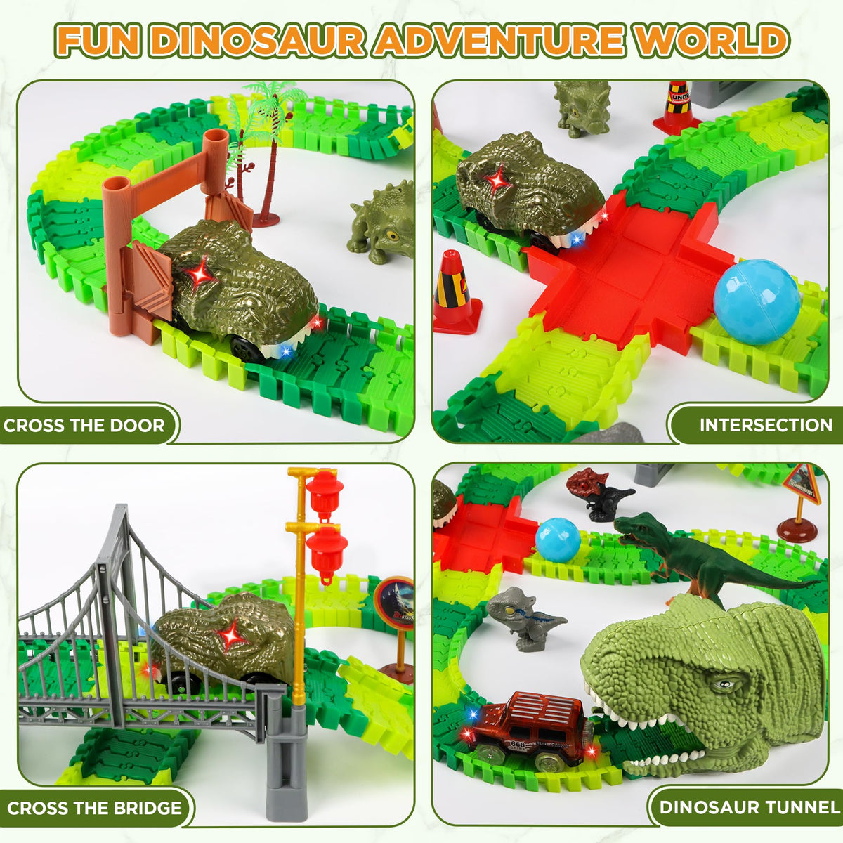 LCIMG dinosaur racing cars glide along the track with ambient lighting for night play.