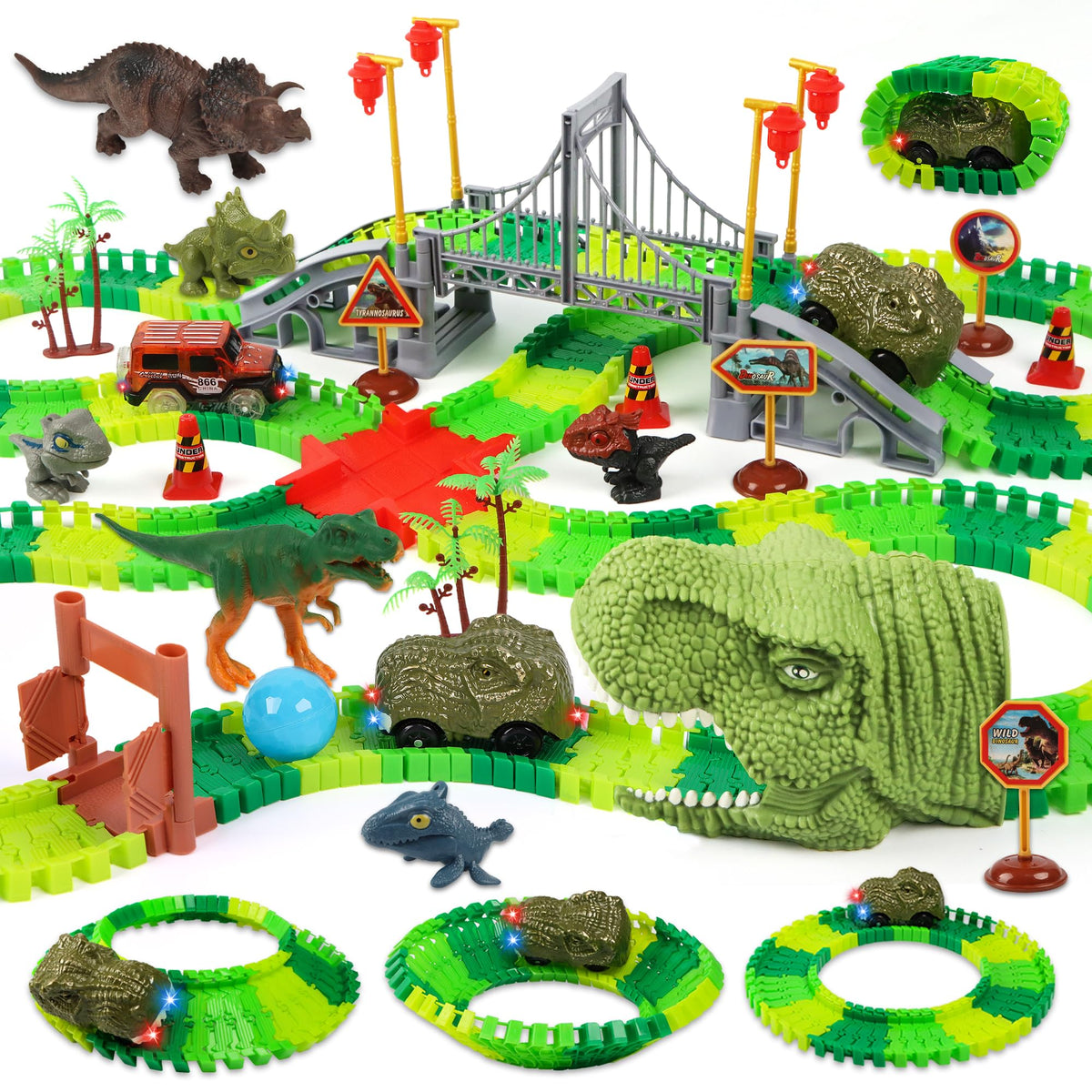 LCIMG Dinosaur Track Race Car Set on a colorful layout, promoting imaginative play and spatial skills.