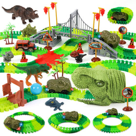 LCIMG Dinosaur Track Race Car Set on a colorful layout, promoting imaginative play and spatial skills.