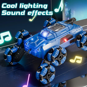 LCIMG RC stunt car with LED-lit sides for outdoor tricks.