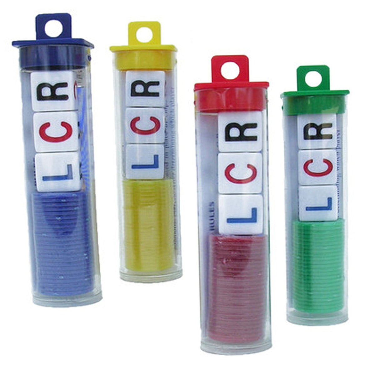 LCR Left Center Right dice game with colorful tubes and chips for family fun.