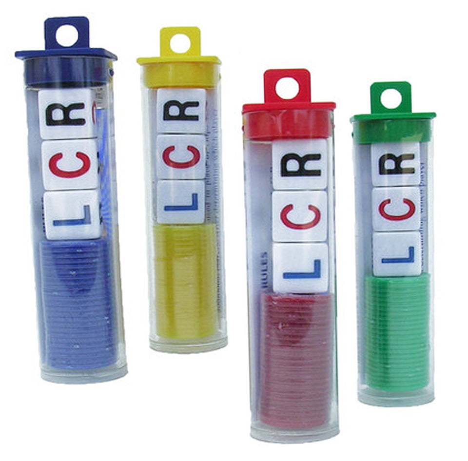 LCR Left Center Right dice game with colorful tubes and chips for family fun.