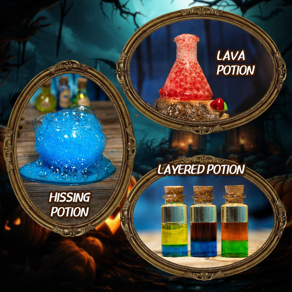 LDomet magic cauldron and tools set up for kid friendly science play.