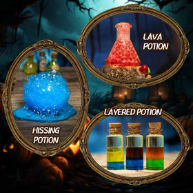 LDomet magic cauldron and tools set up for kid friendly science play.