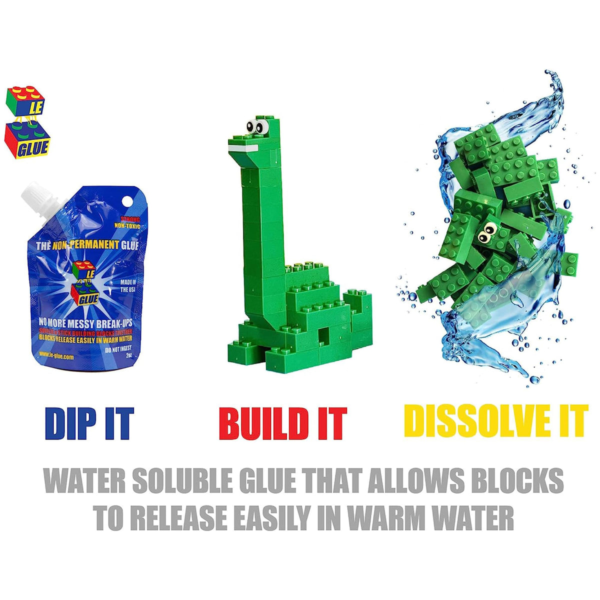 Le-Glue strong-sticking-brick-build keeps bricks together through enthusiastic building sessions.