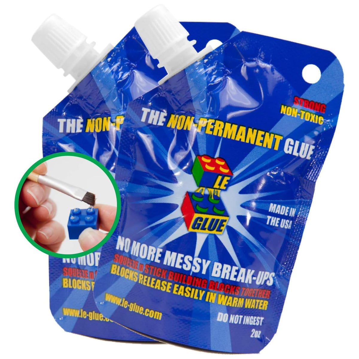 Le-Glue temporary glue 2-pack bottle-application secures Lego blocks safely during play.