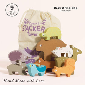 Le Toy Van Petilou Forest Stacker nine wooden animals image emphasizes counting and shape recognition.