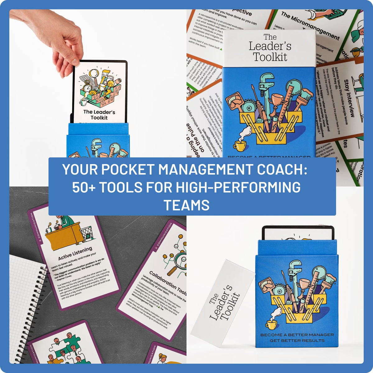 Leader Tools card deck close-up showing actionable prompts for managers
