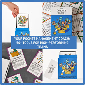 Leader Tools card deck close-up showing actionable prompts for managers