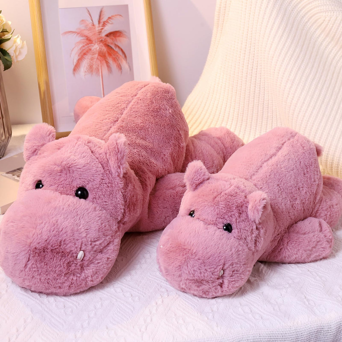 Leahaoe hippo plush on bed for comforting bedtime snuggles