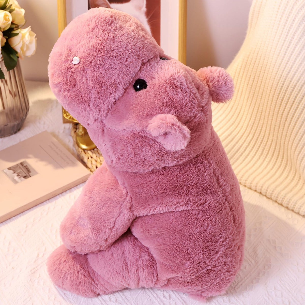 Leahaoe soft pink hippo stuffed animal close-up showing ultra-soft fabric