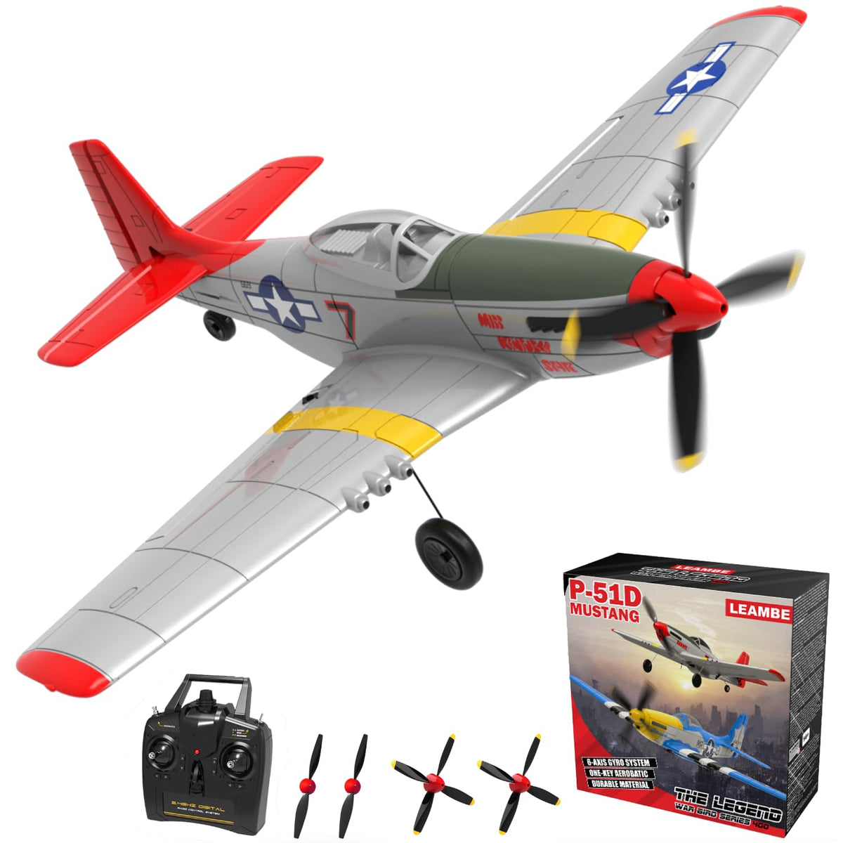 LEAMBE P51 Mustang RC plane front view highlighting beginner-friendly stability.