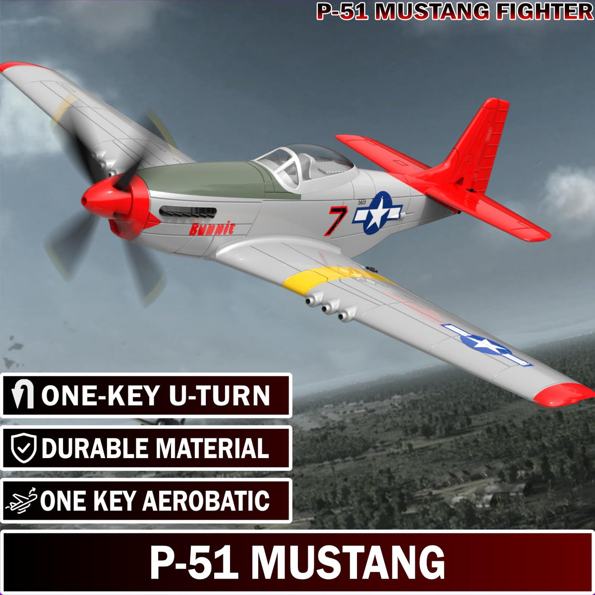 LEAMBE P51 Mustang RC plane in mid-flight with smooth control.