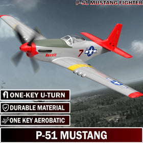 LEAMBE P51 Mustang RC plane in mid-flight with smooth control.
