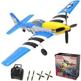 LEAMBE P51 Mustang RC plane in blue, ideal for outdoor flights.