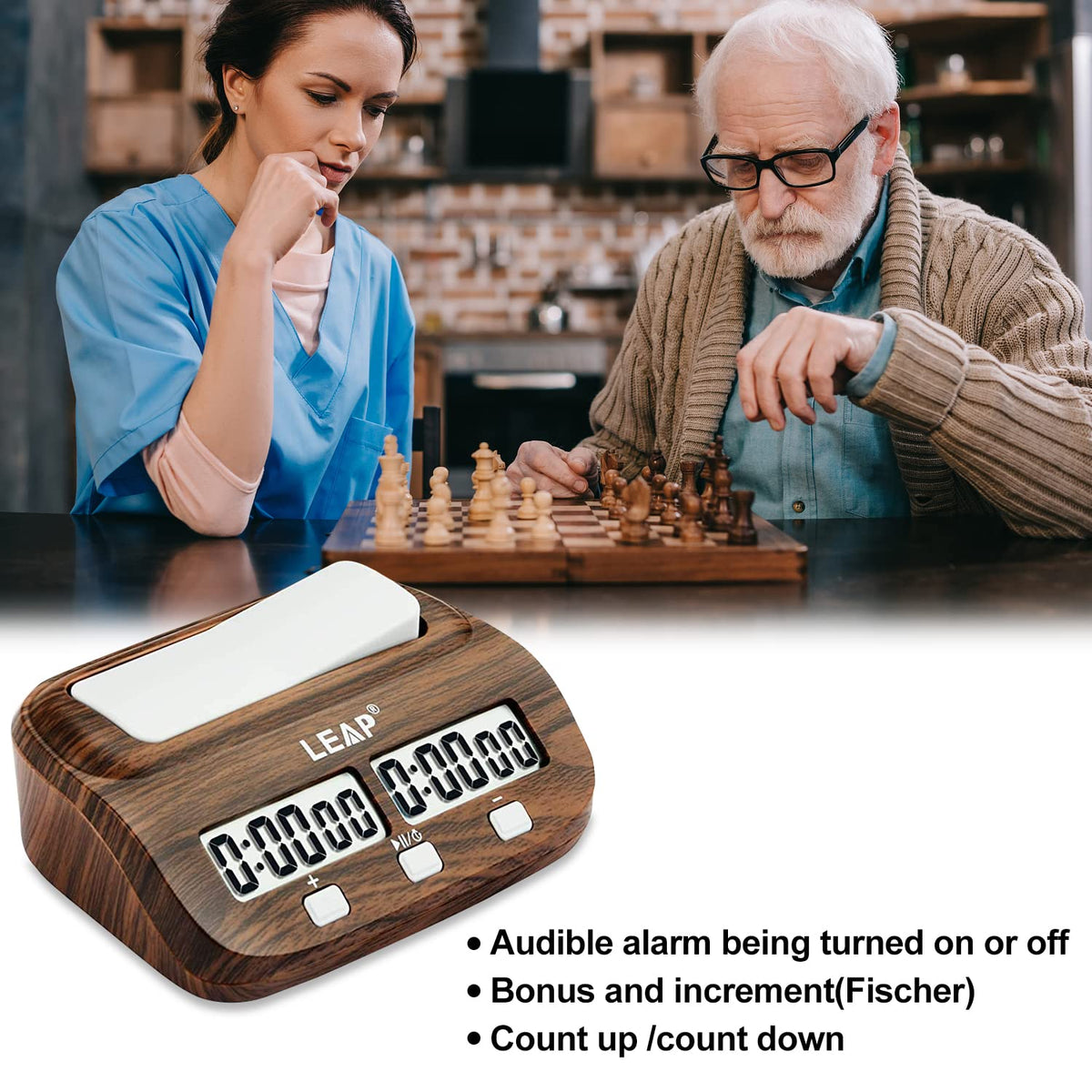 LEAP chess clock wooden style alarm function close up illustrating alert option