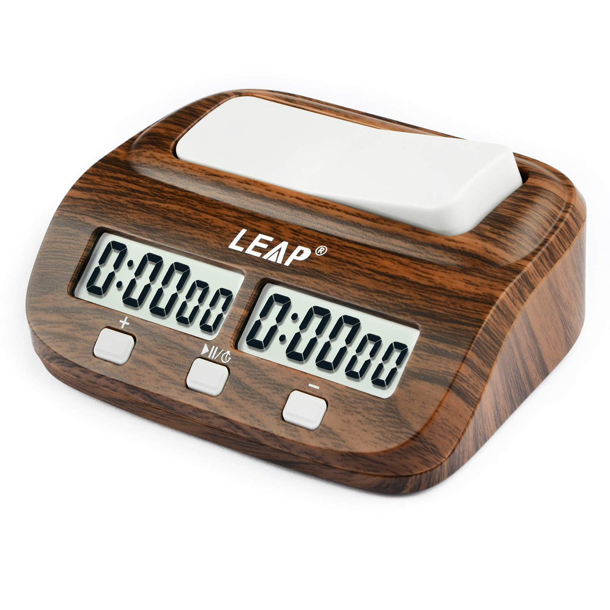 LEAP chess clock wooden style front view showing compact, durable timer for competitive games