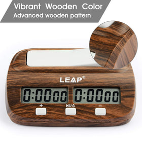 LEAP chess clock wooden style top view emphasizing easy to read timer display