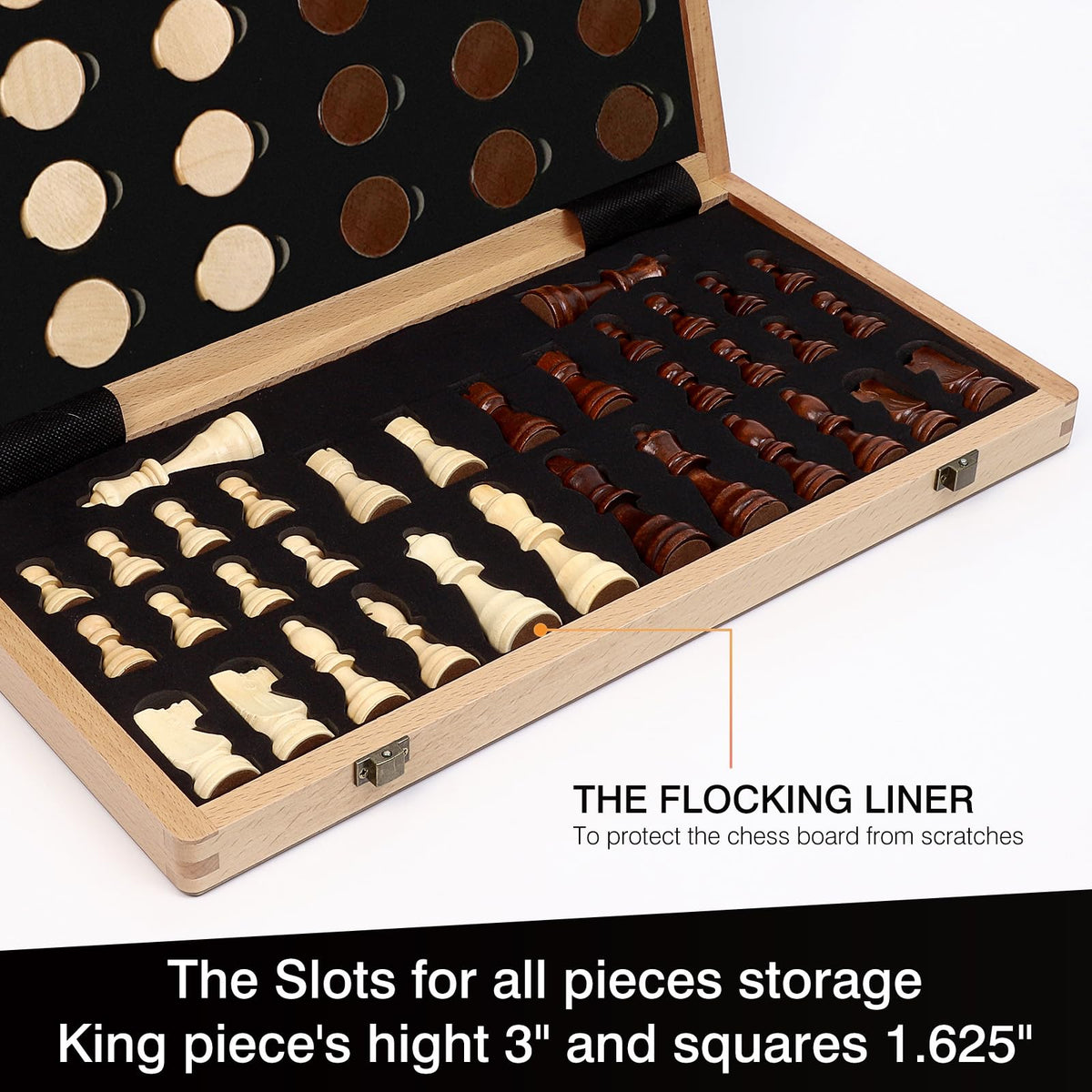 LEAP chess pieces with storage compartments keep pieces organized during travel.