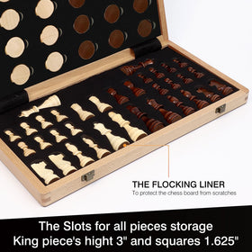 LEAP chess pieces with storage compartments keep pieces organized during travel.