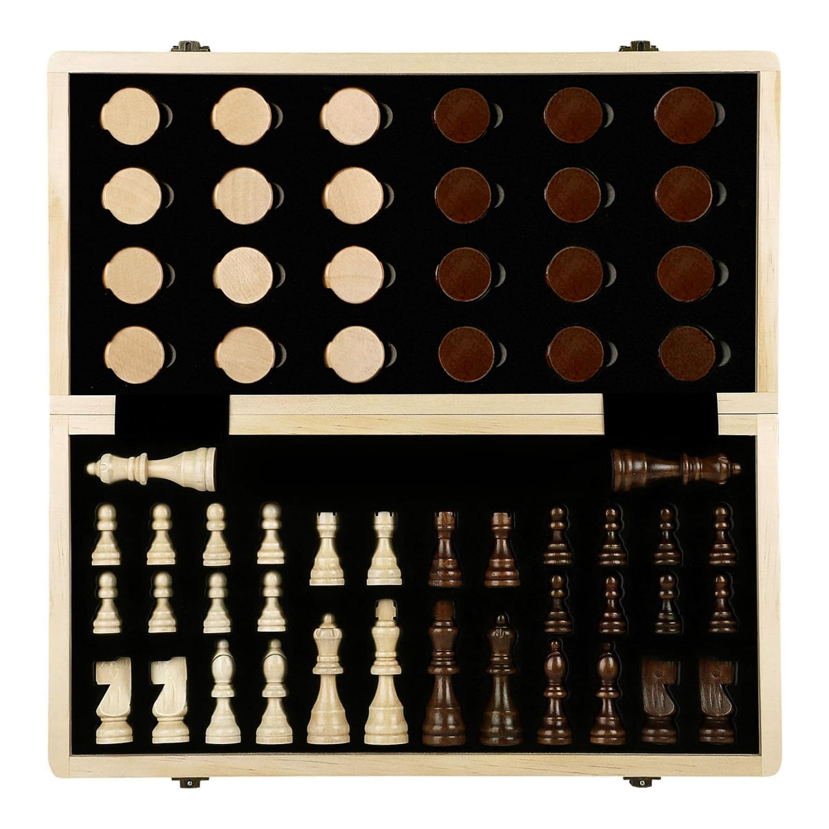LEAP wooden chess board folding design in walnut and maple for portable play.
