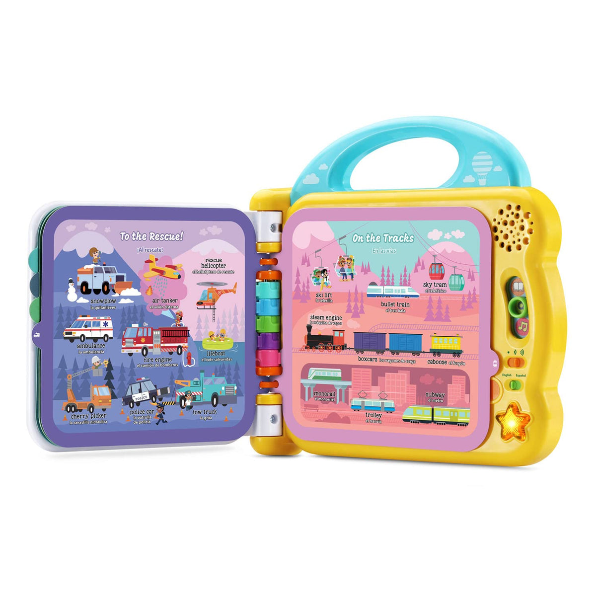 LeapFrog 100 Things That Go language switch enables English and Spanish word listening.