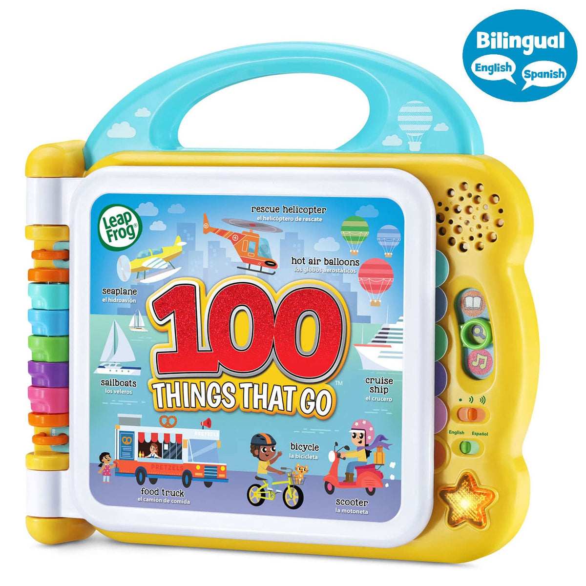 LeapFrog 100 Things That Go pages open showcase bilingual words for daily transportation talk.