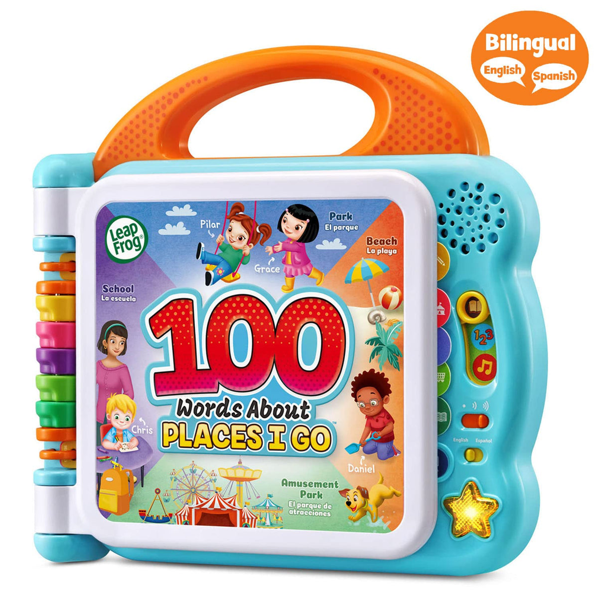 LeapFrog 100 Words About Places inner page opens to bilingual vocabulary in action