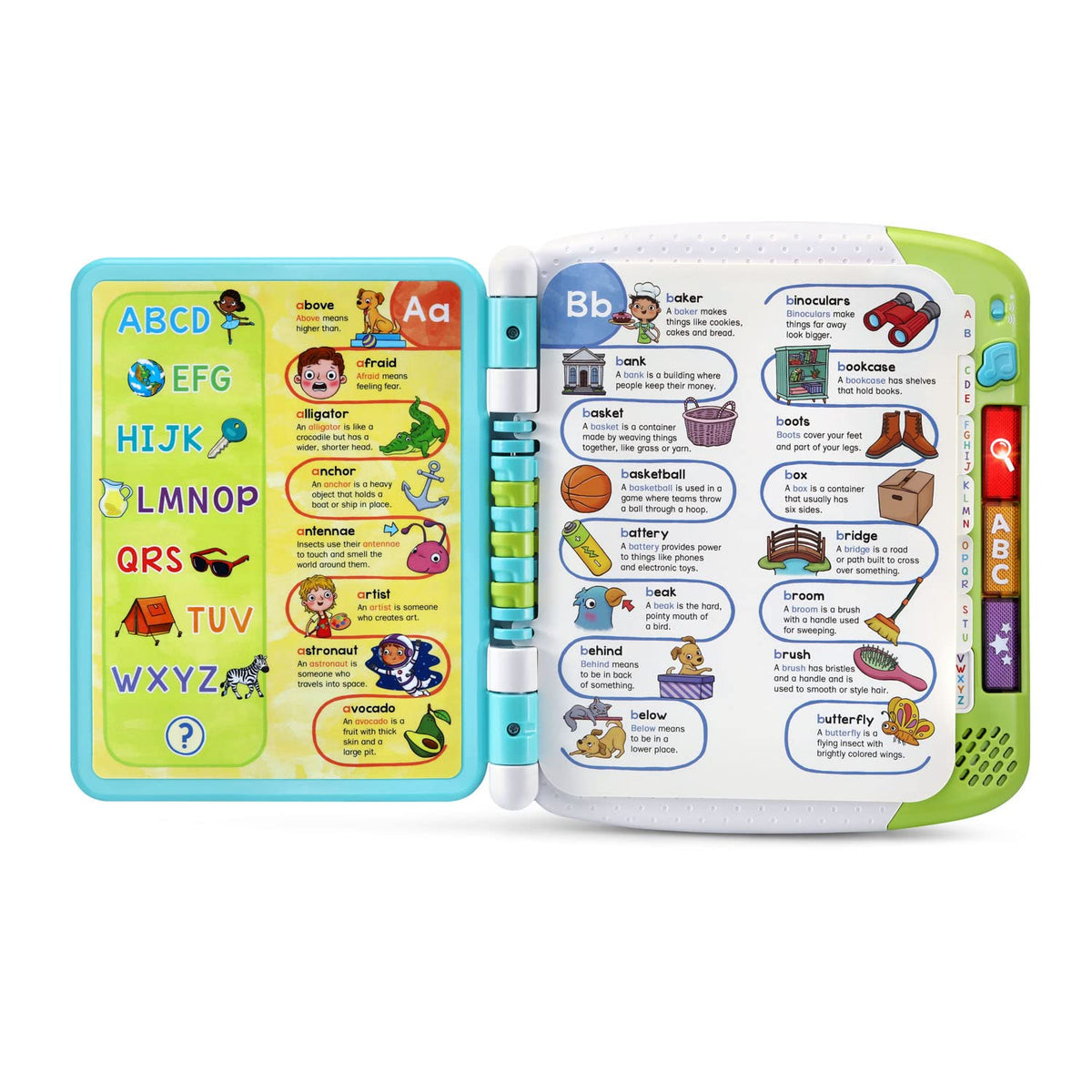 LeapFrog A to Z Learn with Me Dictionary letter mode highlights color-coded starting sounds