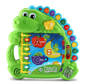 LeapFrog Dino's Delightful Day alphabet book cover promotes early literacy in a bright green design.