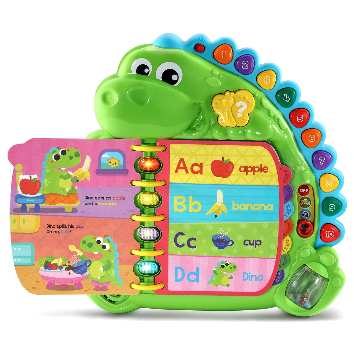 LeapFrog light-up button demonstrates letter names and words to reinforce ABCs.
