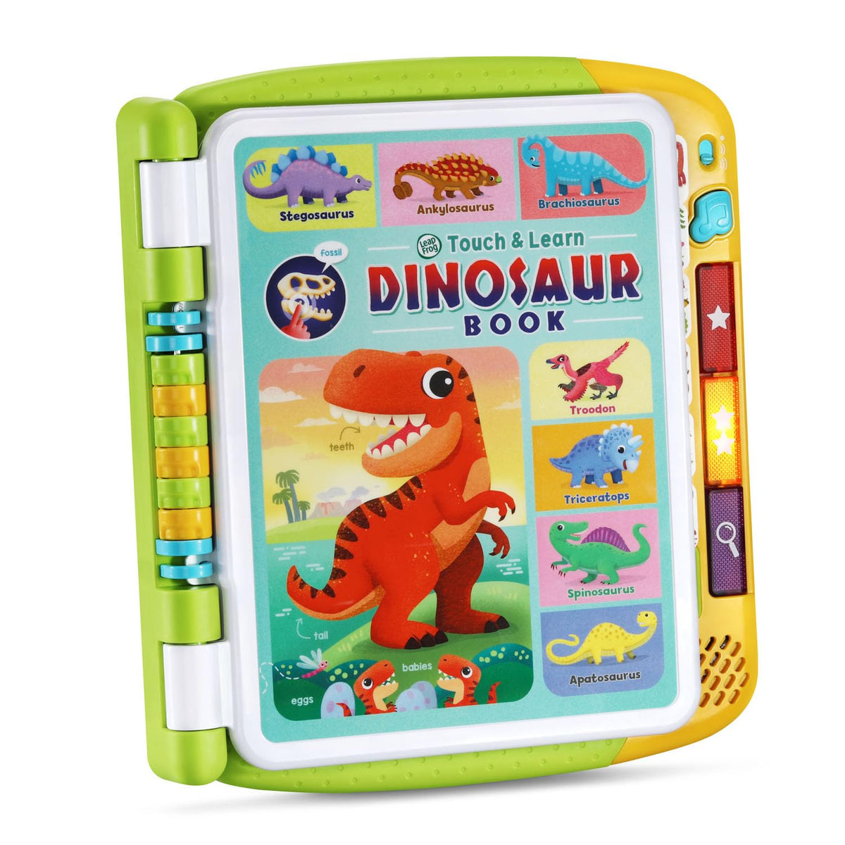 LeapFrog interactive name page showing a dinosaur name for pronunciation practice